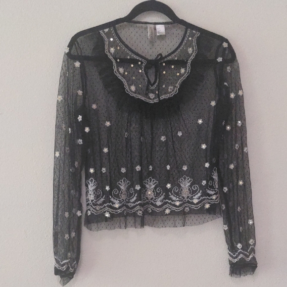 H&M Gray Embellished Ruffled Long Sleeve Blouse - Picture 1 of 6
